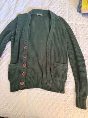 100% Cotton Women’s Green Ribbed Cardigan with Button Front